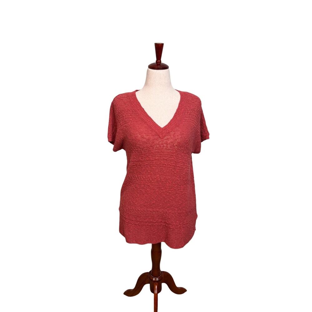 J. Jill sweater tunic short sleeve v-neck loose pink red rose textured knit MP